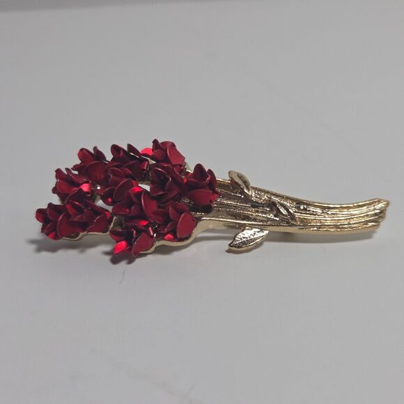 Vintage Avon David Mons (DM 97) Dozen Red Roses Bouquet Brooch Pin Gold Tone - Picture 2 of 6